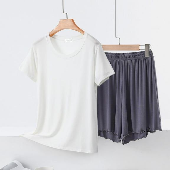 Viikei Odor-Resistant Sleepwear Set Fresh Lounge Wear,Women' Casual Short Sleeve Round-Neck Blouses Shorts Home Sets White L