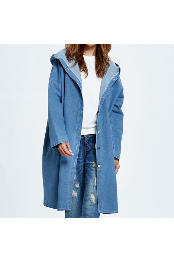 Oversized Boyfriend Denim Jacket Women's Relaxed Fit Street Style,Women's Denim Jacket with Distressed Effect,Women's Mid Length Casual Handsome Distressed Long Trench Coat Sky Blue Free Size