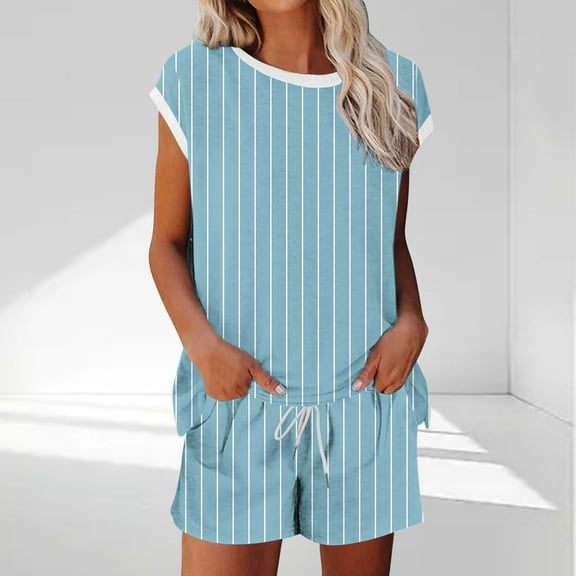 Viikei Oversized Sleepwear Set Relaxed Casual Loungewear,Women's Fashionable Casual Print Home Short Sleeved Round Neck Pajama with Pants Home Set Blue S