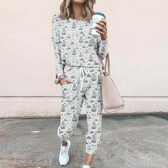 Viikei Pajamas Sets for Women,Women Winter Letter Print Round Neck Long Sleeve Trousers Casual Home Wear Suit Pajams Sets Gray XXXXL