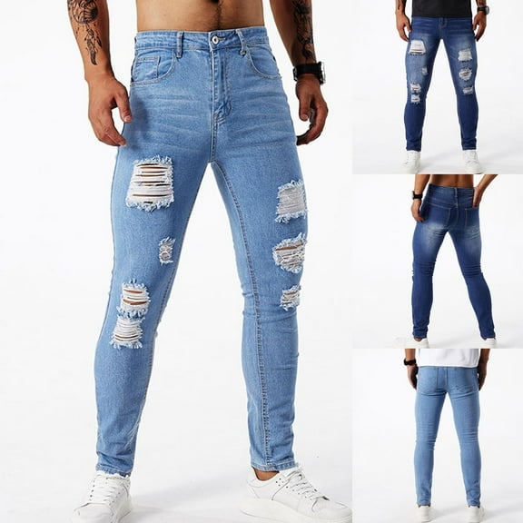 Viikei Pants for Men Jeans,Men's Casual Fashion Perforated Pocket Solid Color Elastic Tight Fitting Small Leg Denim Pants Light Blue 31