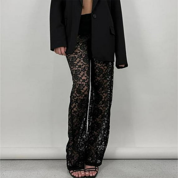 Viikei Pants for Women Plus Size Clearance,Women's New Sexy and Versatile Lace High Waisted Spliced Straight Leg Pants Black S