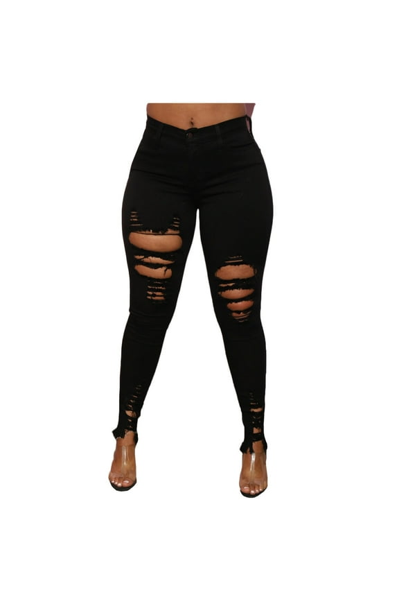 Pants for Women Plus Size Womens Pants Womens Jeans Clearance High-Waist White Elastic Denim Ripped Distressed Small Feet Cropped Jeans