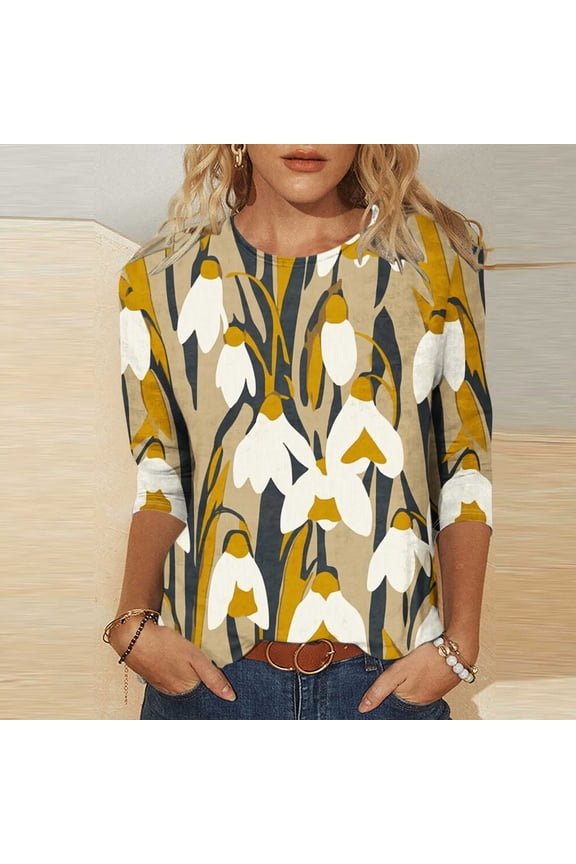 Plus Size 3/4 Sleeve Tops for Women,Women Vacation Style Floral Leisure Print Round Neck Three Quarter Sleeve 3/4 Sleeve T-shirt Loose Khaki XXXXXL