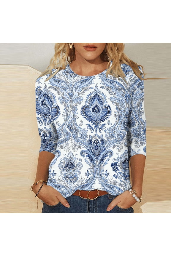 Plus Size 3/4 Sleeve Tops for Women,Women Fashion Casual Printed Round Neck Three Quarter Sleeve 3/4 Sleeve T-shirt Loose Blue XL