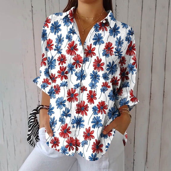 Viikei Plus Size Blouse for Women,Women's Casual Printed Long Sleeve Comfortable Button Lapel Blouse Fashionable and Comfortable Tops Blue S