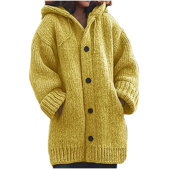 Viikei Sweater Coat for Women Women's Solid Color Single-Breasted Pocket Hooded Warm Knitted Sweater Coat Top