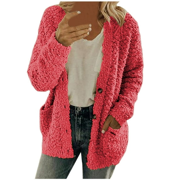 Viikei Plus Size Cardigans for Women Sweater Coat Cardigan Women Cardigans Clearance Casual Solid Plush Pockets Buttons Cardigan Sweater Coat