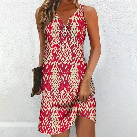Viikei Plus Size Dresses Women Fashion,2025 New Women's Printed V-neck Chest Button Sleeveless Dress Red S