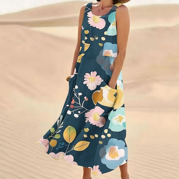 Viikei Plus Size Dresses Women Fashion,Women's Sleeveless and Linen Round Neck Printed Long Dress with Pocket Navy XL