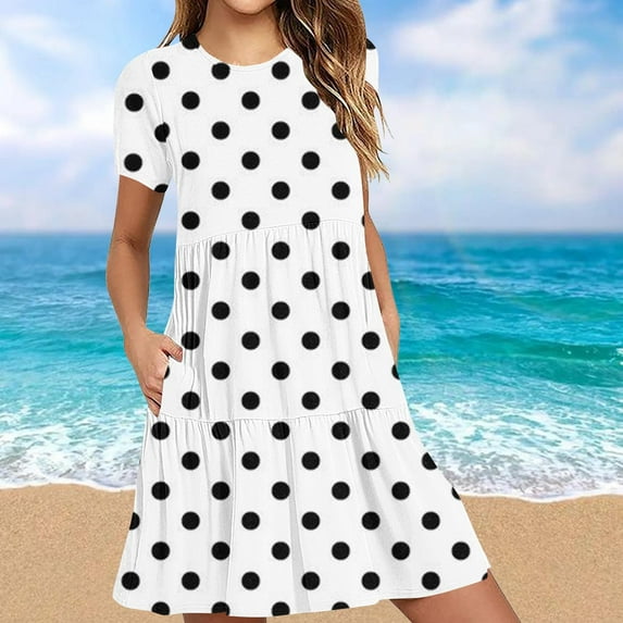 Viikei Plus Size Dresses Women Fashion,Women's Summer Casual Short Sleeve T Shirt Dress Tiered Mini Dresses with Pockets White S