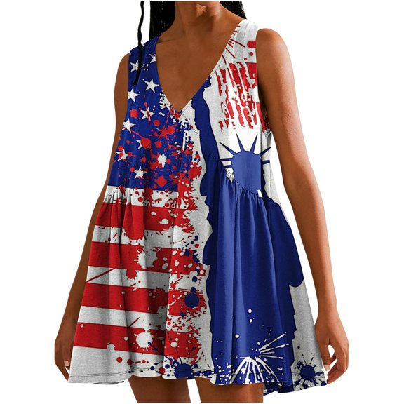 Viikei Plus Size Dresses Women Fashion,Women's Summer Print Casual Loose Sleevless V-Neck Dress Blue XXL