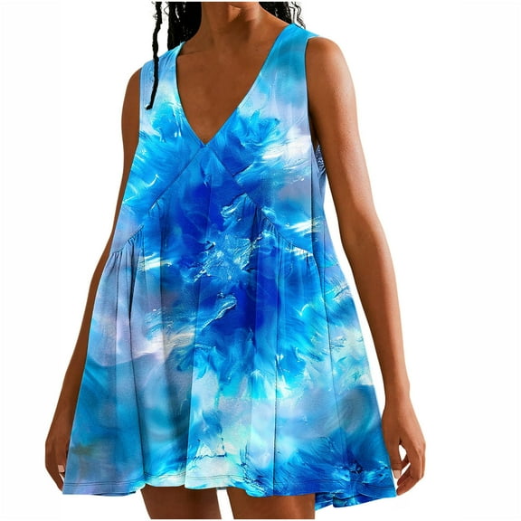 Viikei Plus Size Dresses Women Fashion,Women's Tie Printed Casual Loose Pleated Sleeveless V-neck Dress with Pockets Multicolor M