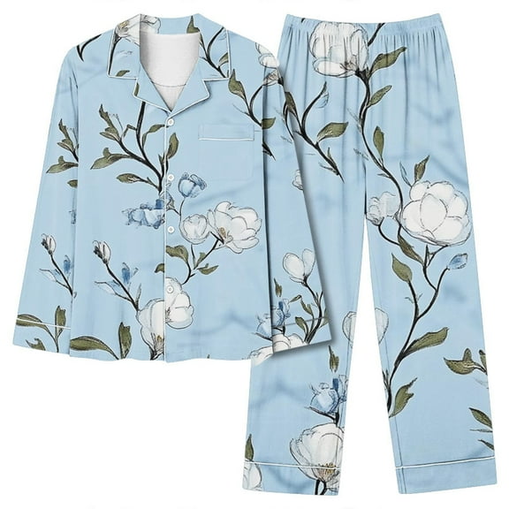 Viikei Plus Size Pajamas Set Curvy Sleep Comfort,Women Casual Fashion Printed Long Sleeve Casual Pants Pajamas Suit Light Blue M