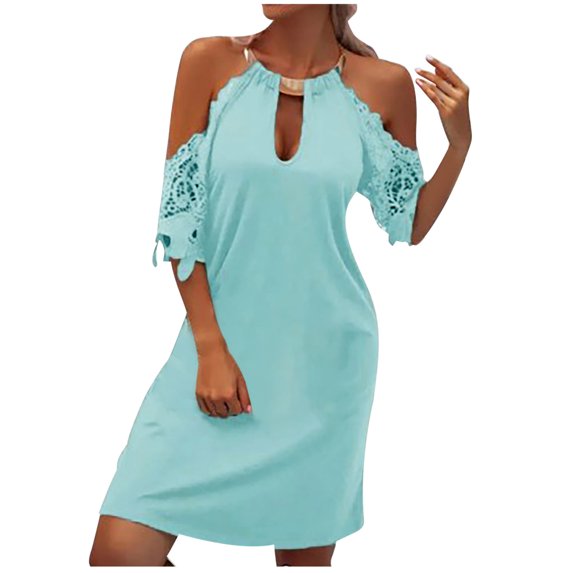 Viikei Plus Size Short Sleeve Dress for Women Lace O-Neck Halter Solid Long Loose Dress