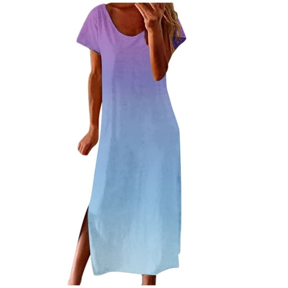 Viikei Plus Size Short Sleeve Dress for Women O-Neck Print Daily Vintage Bohemian Maxi Dress