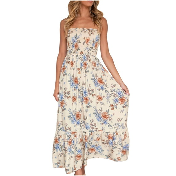Viikei Plus Size Short Sleeve Dress for Women Summer Bohemian Floral Printed Strapless Party Long Maxi Dress