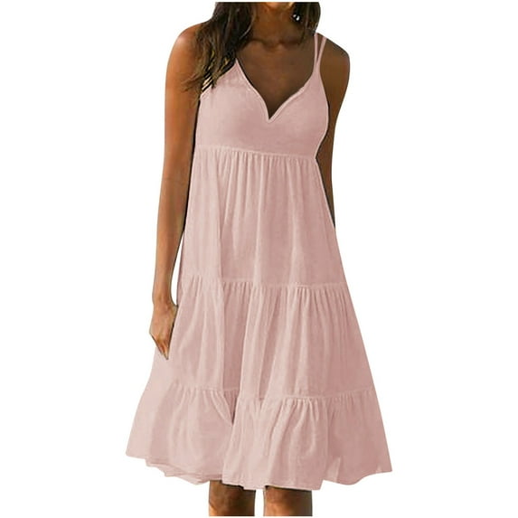 Viikei Plus Size Short Sleeve Dress for Women Womens Fashion Holiday Summer Solid Color V Neck Sleeveless Party Beach Slip Dress