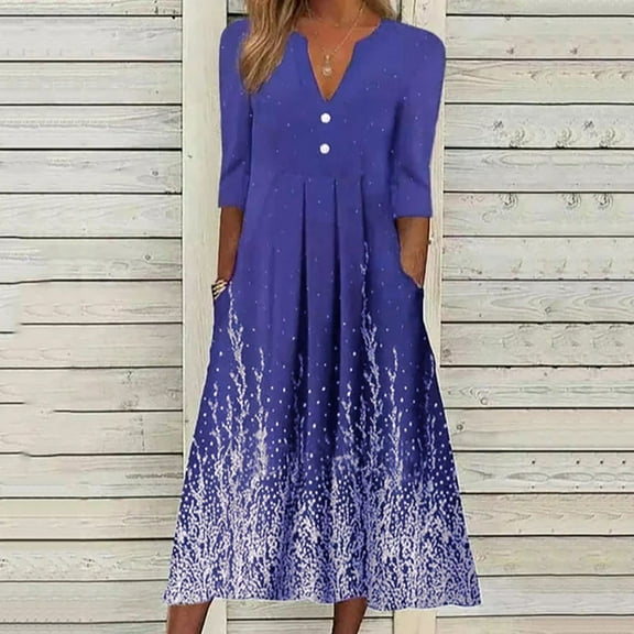 Viikei Plus Size Short Sleeve Dress for WomenPrinted Slimming Buttons V-Neck Half Sleeve Long Dresses