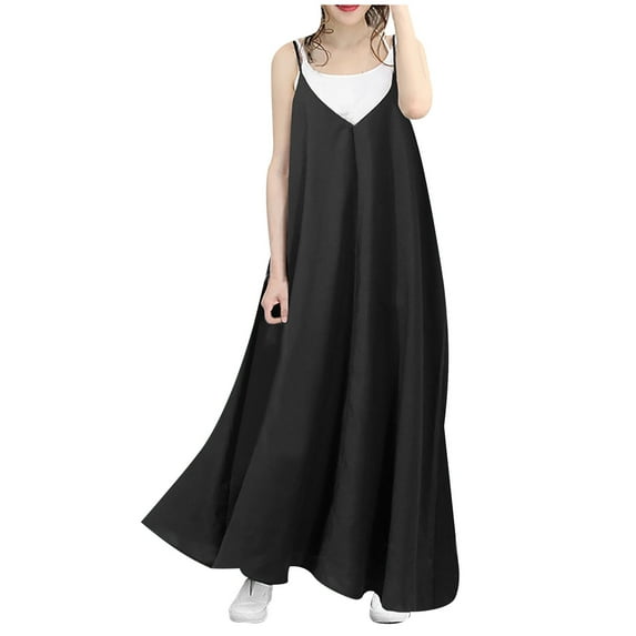 Viikei Plus Size Skirts for Women Loose Solid V-Neck Open Back Suspender Long Dresses Party Dresses