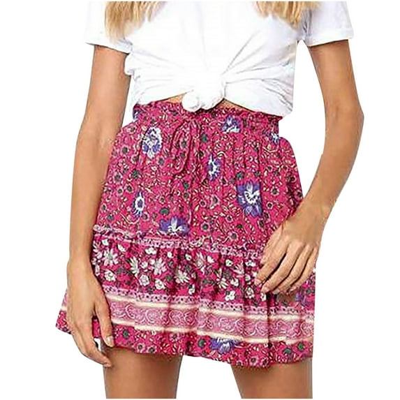 Viikei Plus Size Skirts for Women Printing Bage Ruched Ruffles Elastic Waist