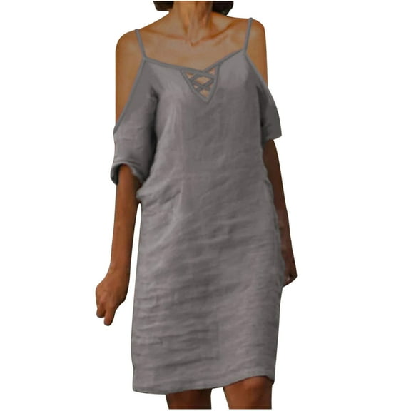 Viikei Plus Size Skirts for Women Strapless Strap Sleeve Solid V-Neck Dresses Knee-length