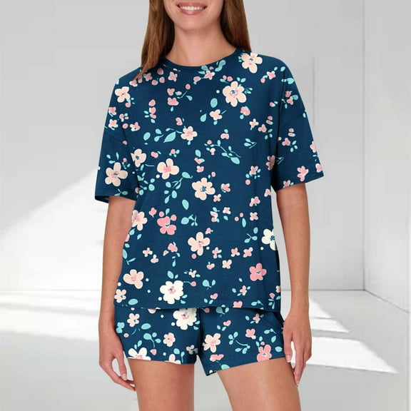Viikei Plus Size Sleepwear Set Curvy Comfort Lounge Outfit,Women's Casual Loose Printing Round Neck Short Sleeved Shorts Pajamas Suit Navy XL