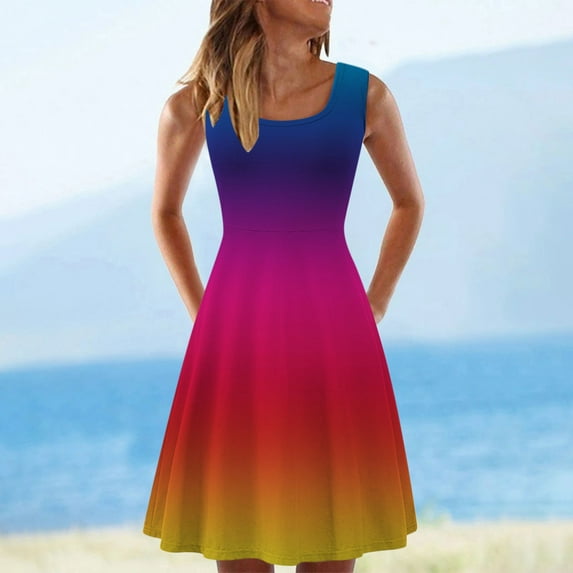 Viikei Plus Size Sleeveless Dress for WomenSummer Tank Knee-Length Pleated Tie-Dye Gradient Rainbow Floral Print Dresses