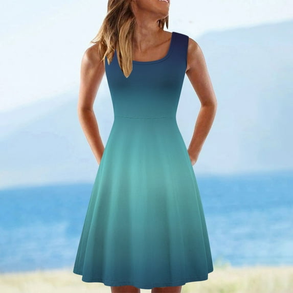 Viikei Plus Size Sleeveless Dress for WomenSummer Tank Knee-Length Pleated Tie-Dye Gradient Rainbow Floral Print Dresses