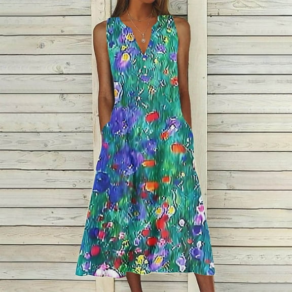 Viikei Plus Size Summer Maxi Dress for Women,Trendy Striped Short Sleeve Dress,New Women's V-neck Button Button Sleeveless Printed Long Dress Green XL