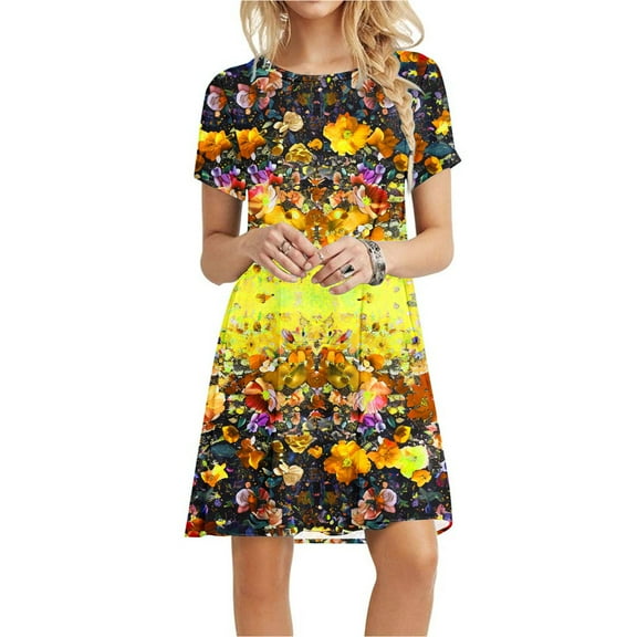 Viikei Womens Dresses for Wedding Guest,Casual Floral Print Short Sleeve Dress,Women's Short Sleeved Dress with Floral Print Round Neck Dress Multicolor XL