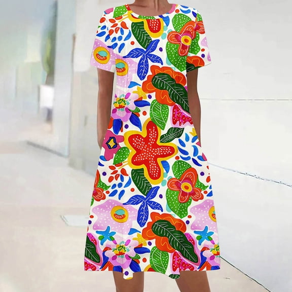 Viikei Plus Size Summer Maxi Dress for Women,Women's Casual Ruffle Short Sleeve Dress,Women's Summer Bohemian Print Short Sleeve Beach Dress Knee Length Dress Multicolor S