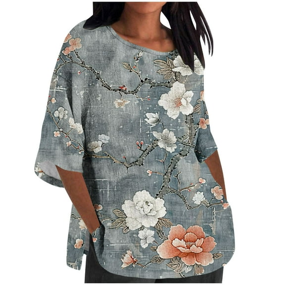 Viikei Plus Size Sweatshirts for Women,Women's Ladies Fashion Casual Cropped 3/4 Sleeve Printing Loose Shirt Blouse Top Gray XL