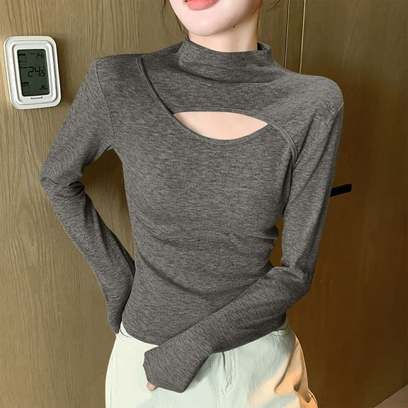 Viikei Plus Size Sweatshirts for Women,Women's New Long Sleeve Round Neck Hollowed Out Solid Color Casual Jacket Coffee XL