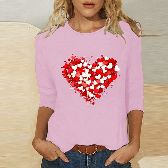 Viikei Plus Size Tops for Women Dressy,Women's Casual Printed Round Neck Three Quarter Sleeve 3/4 Sleeve T-shirt Top Pink M