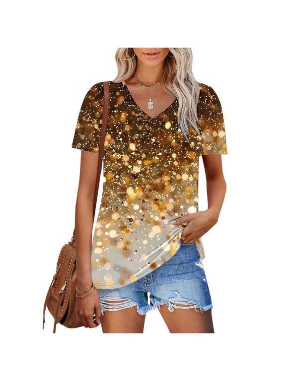 Plus Size Tops for Women Dressy,Women's New Short-sleeved V-neck Pullover Casual Printed Fashion Top Multicolor L