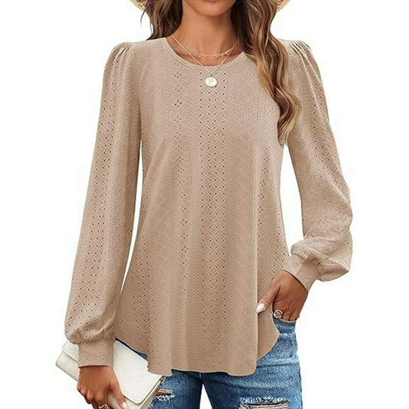 Viikei Plus Size Tops for Women Dressy,Women's Solid Color Round Neck Loose Casual Long Sleeved T-shirt Top Khaki S