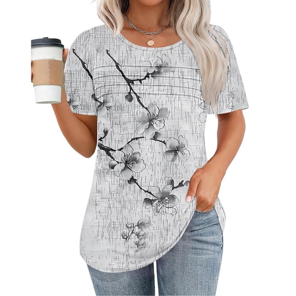 Viikei Plus Size Tops for Women Short Sleeve Crewneck Shirts,Women's New Short Sleeve Round Neck Pullover Chest Pleated Casual Print Top Multicolor M