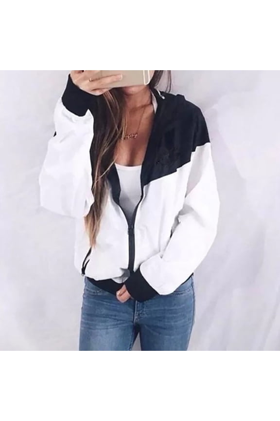 Plus Size Windbreaker Jackets for Women Womens Windbreaker Jacket Clearance Hooded Long Sleeve Patchwork Thin Zipper Pockets Sport Windcoat