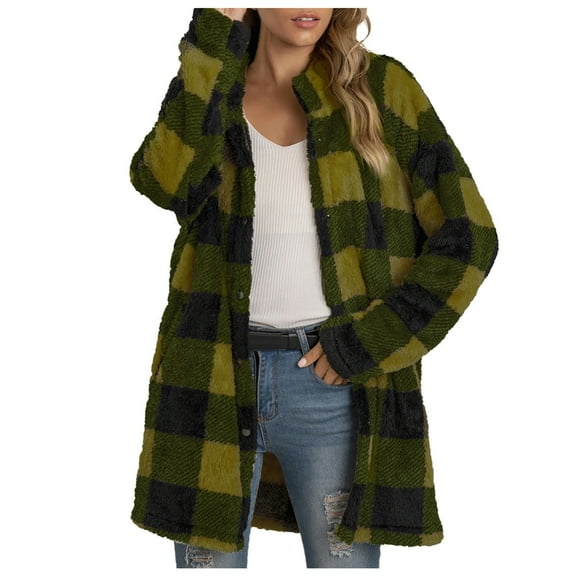 Viikei Plus Size Womens Cardigans Clearance Winter Coats for Women Long Plaid Printing Buttons Plush Cardigan Jackets