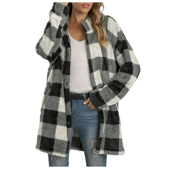 Viikei Plus Size Womens Cardigans Clearance Winter Coats for Women Long Plaid Printing Buttons Plush Cardigan Jackets