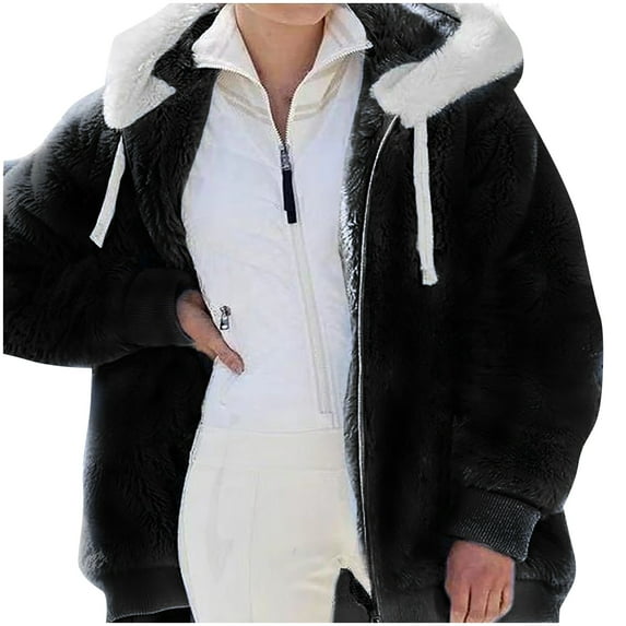 Viikei Plus Size Womens Coats Clearance for Winter Coats for Women Cardigan Jacket Coat Hooded Plush Loose Long Sleeve Tops With Zipper