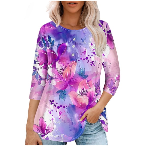 Spring Tops for Women Viikei Plus Size Womens Hoodies Pullover,Women Casual Summer Printed T-shirt Quarter Sleeve Round Neck Ruched Pullover Blouse Tops Purple XL