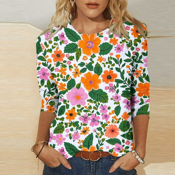 Viikei Polyester Women's Round Neck 3/4 Sleeve Top,Women Vacation Style Floral Leisure Print Round Neck Three Quarter Sleeve 3/4 Sleeve T-shirt Loose Multicolor S