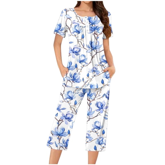 Viikei Quick-Dry Pajama Set Sweat-Wicking Sleepwear,Women Casual Round Neck Short Sleeve Blouse Fashion Pants Pajamas Suit Blue S