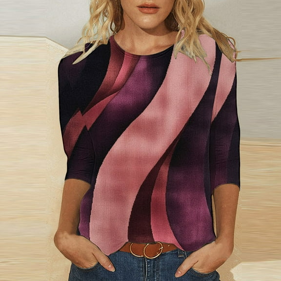 Viikei Relaxed Comfy Women's Round Neck 3/4 Sleeve Top,Women's Fashion Tees Casual Crewneck 3/4 Sleeve Loose T Shirt Ladies Blouses Shirts Purple XXL