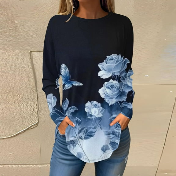 Viikei Relaxed Round Neck Long Sleeve Top Women Casual,Women's Long-sleeved Crew-neck Drop Shoulder Casual Printed Navy M