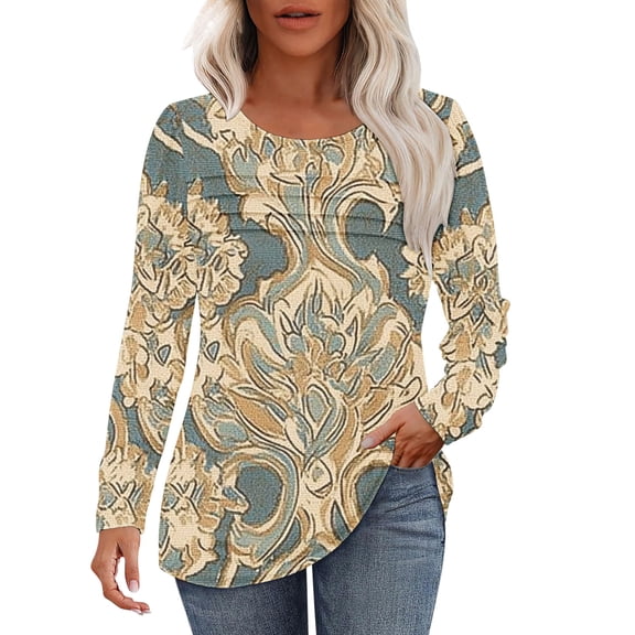 Viikei Round Neck T Shirts,Women's Spring/Summer Floral Printed Round Neck Long Sleeve T-shirt Beige L
