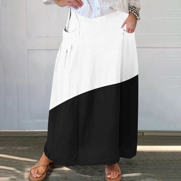 Viikei Ruffled Skirt in Cotton,Women's Printed Elastic Waistband Pleated Pocket Skirt With Mid Calf Skirt Black XL