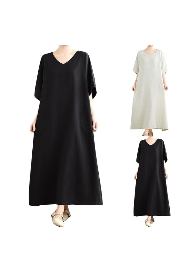 Scoop Neck Mini Dress with Short Sleeves,Women's and Linen Dress Loose Short Sleeved V-neck Relaxed Mid Length Skirt White XL